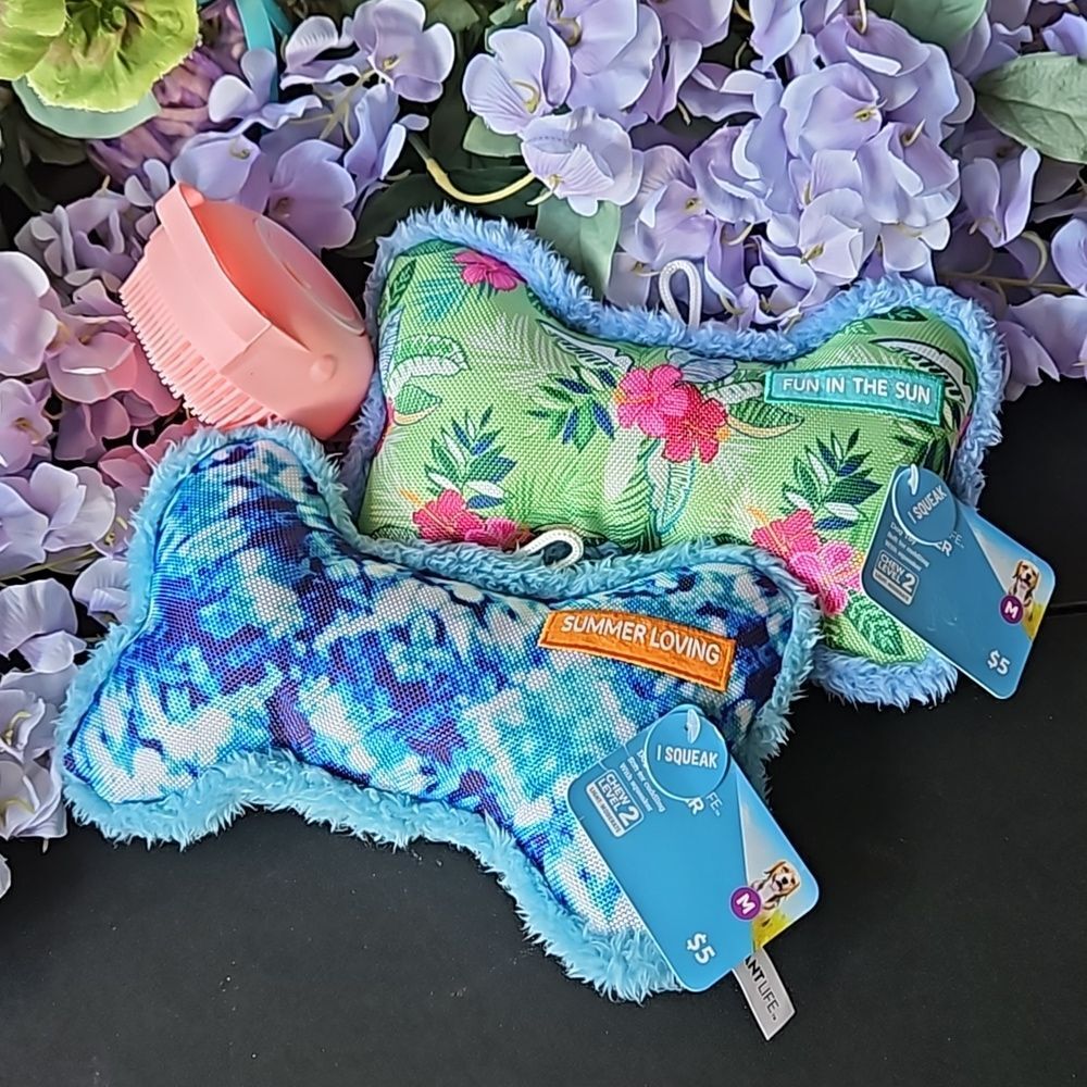 Doggie 🎁 Bundle! 2 Squeaky Tropical Stuffed Bone Toys and 1  Groom Aid Brush